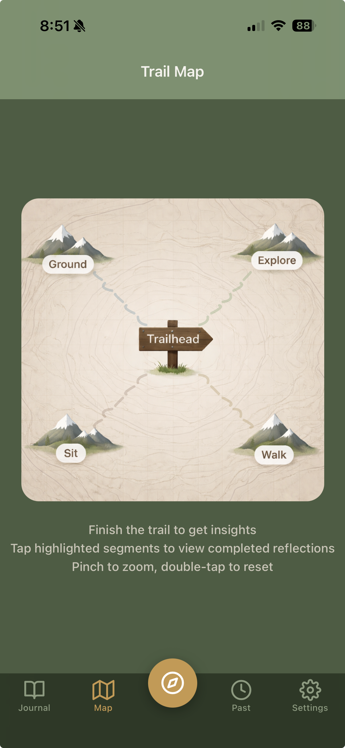 Go YoJa trail map showing Ground, Explore, Walk, and Sit paths radiating from the Trailhead